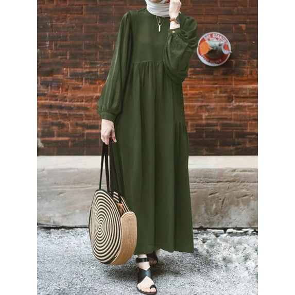 ZANZEA Womens Dresses Crew Neck Long Sleeve Casual Solid Long Maxi Dress