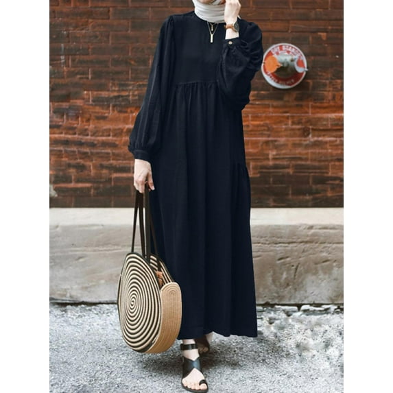 ZANZEA Womens Dresses Crew Neck Long Sleeve Casual Solid Long Maxi Dress