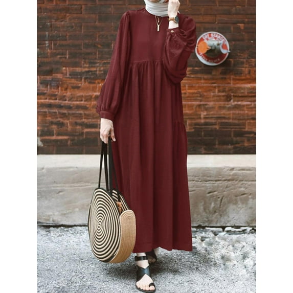 ZANZEA Womens Dresses Crew Neck Long Sleeve Casual Solid Long Maxi Dress