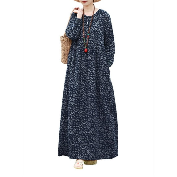 ZANZEA Womens Dresses Full Sleeve Floral Printed Casual Long Dress