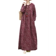 ZANZEA Womens Dresses Full Sleeve Floral Printed Casual Long Dress