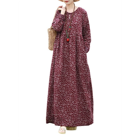 ZANZEA Womens Dresses Full Sleeve Floral Printed Casual Long Dress