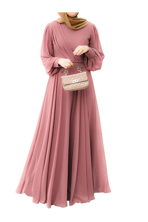 Womens Dresses Full Sleeve O-Neck With-Back-Zipper Ankle Length Dress