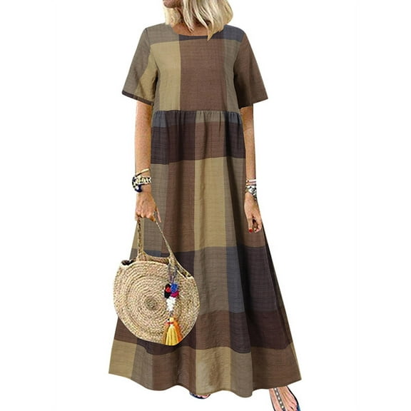 ZANZEA Womens Dresses Grid Printed Round Neck Swing Long Dress