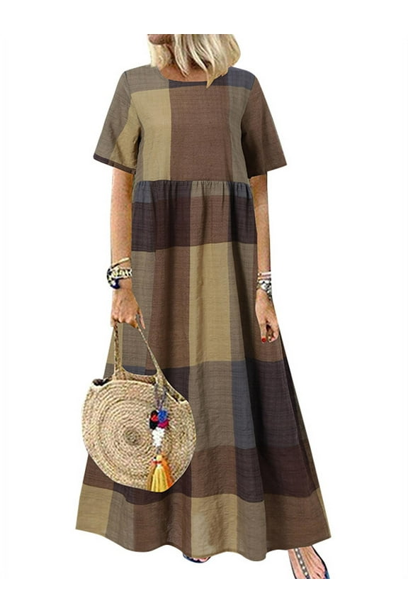 Womens Dresses Grid Printed Round Neck Swing Long Dress