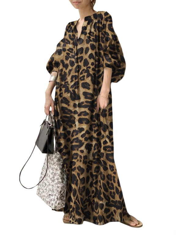 Womens Dresses Leopard Printed 3/4 Sleeve O-Neck Long Dress