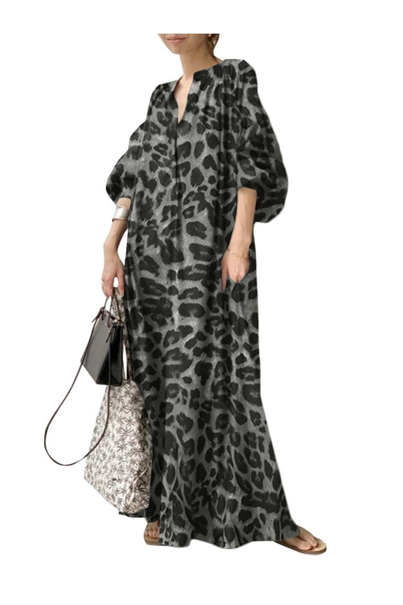 Womens Dresses Leopard Printed 3/4 Sleeve O-Neck Long Dress