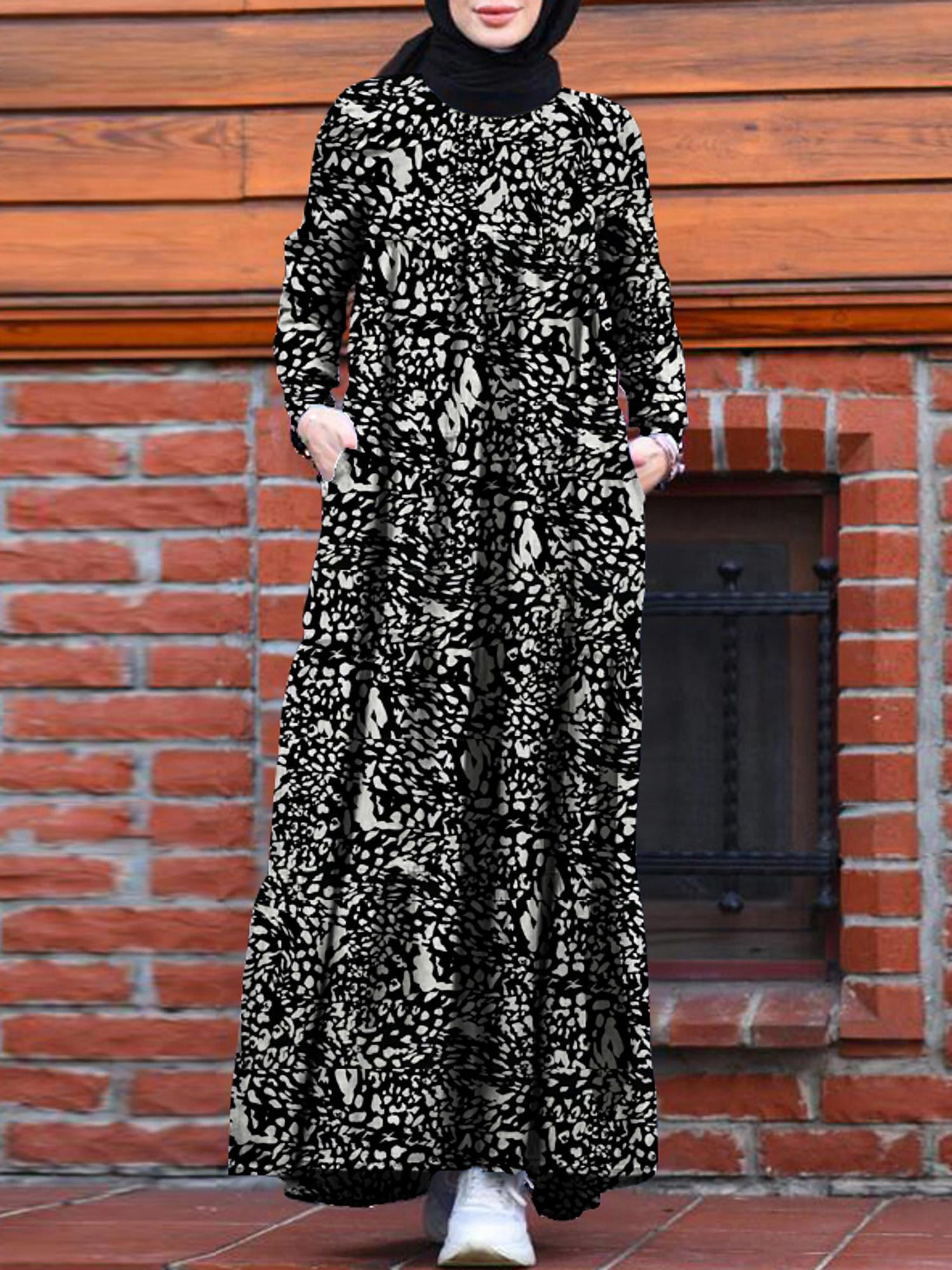 ZANZEA Womens Dresses Long Sleeve Vintage Printed Muslim Abaya Dubai Maxi  Dress