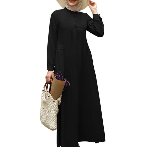 ZANZEA Womens Dresses Muslim Solid Color Long Sleeve Pocket Button Down Dress