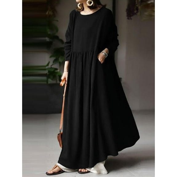 ZANZEA Womens Dresses O-Neck Long Sleeve Solid Color Casual Long Dress