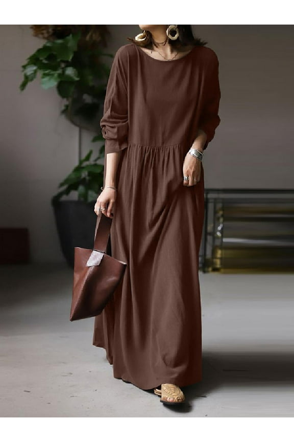 Womens Dresses O-Neck Long Sleeve Solid Color Casual Long Dress