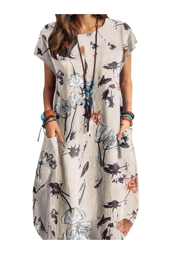 Womens Dresses Short Sleeve O-Neck Printing Side Pockets Dress