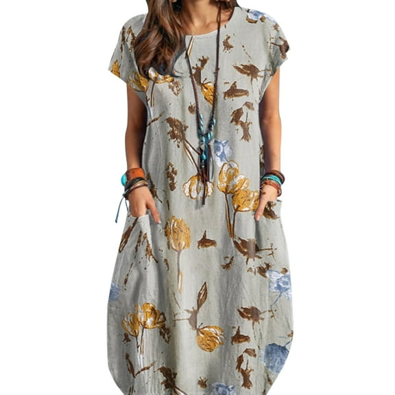 ZANZEA Womens Dresses Short Sleeve O-Neck Printing Side Pockets Dress