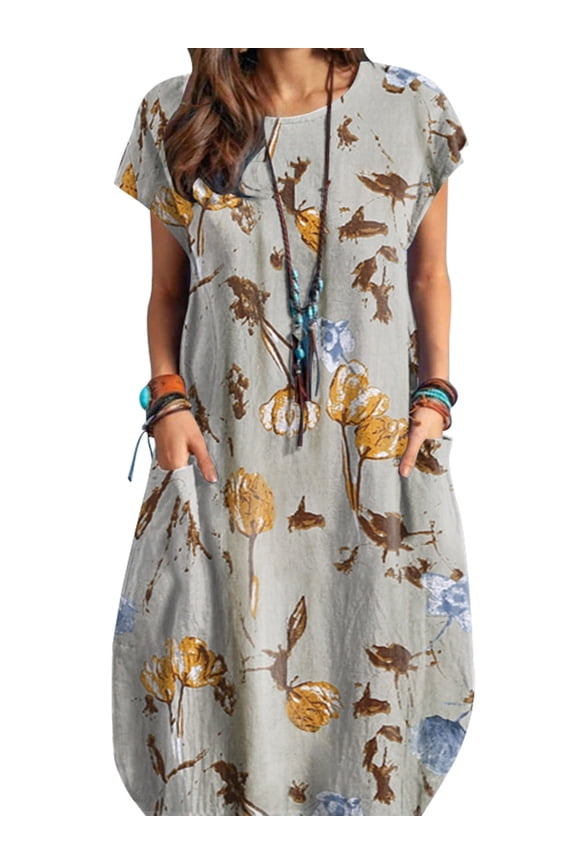 Womens Dresses Short Sleeve O-Neck Printing Side Pockets Dress