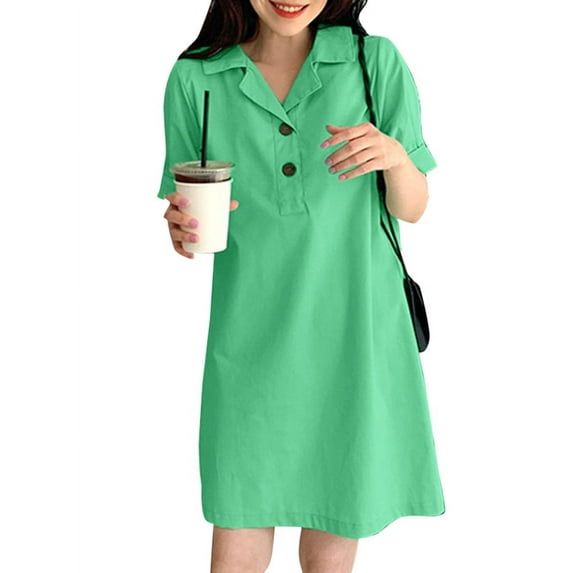 ZANZEA Womens Dresses Short Sleeves Solid Color Lapel Neck Casual Pullover Dress