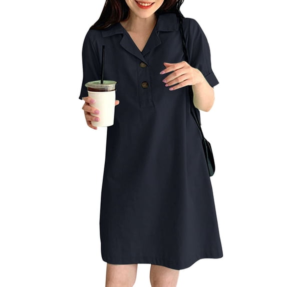 ZANZEA Womens Dresses Short Sleeves Solid Color Lapel Neck Casual Pullover Dress