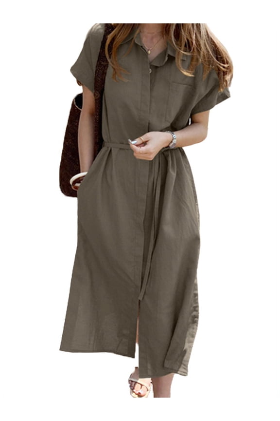 Womens Dresses Solid Color Button Up Baggy Long Maxi Dress