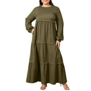 ZANZEA Womens Dresses Solid Color Long Puff Sleeves Maxi Dress FZH