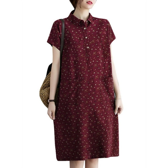 ZANZEA Womens Dresses Turn-Down-Collar Floral Printed Front Pockets Dress