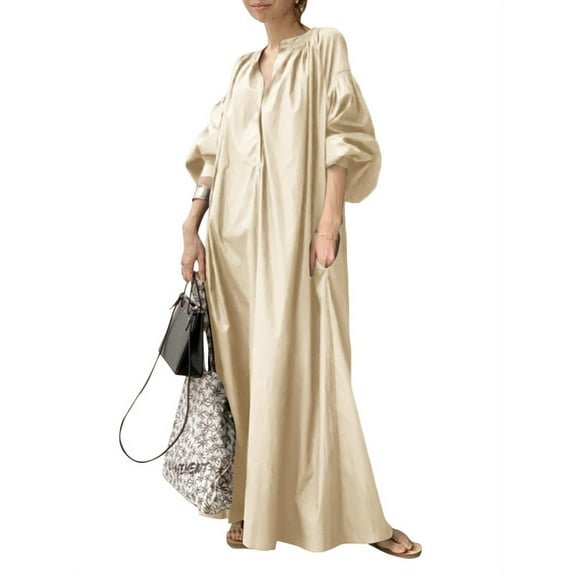 ZANZEA Womens Dresses V-Neck Puff Sleeve Solid Casual Baggy Maxi Dress