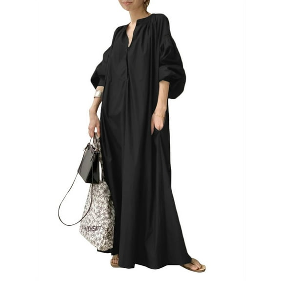 ZANZEA Womens Dresses V-Neck Puff Sleeve Solid Casual Baggy Maxi Dress
