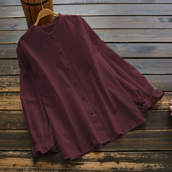 ZANZEA Womens Full Sleeve O-Neck Casual Solid Color Tunic Tops Shirts Blouses