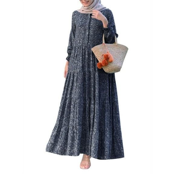 ZANZEA Womens Layered Floral Printed Full Sleeve Muslim Casual Long Dresses