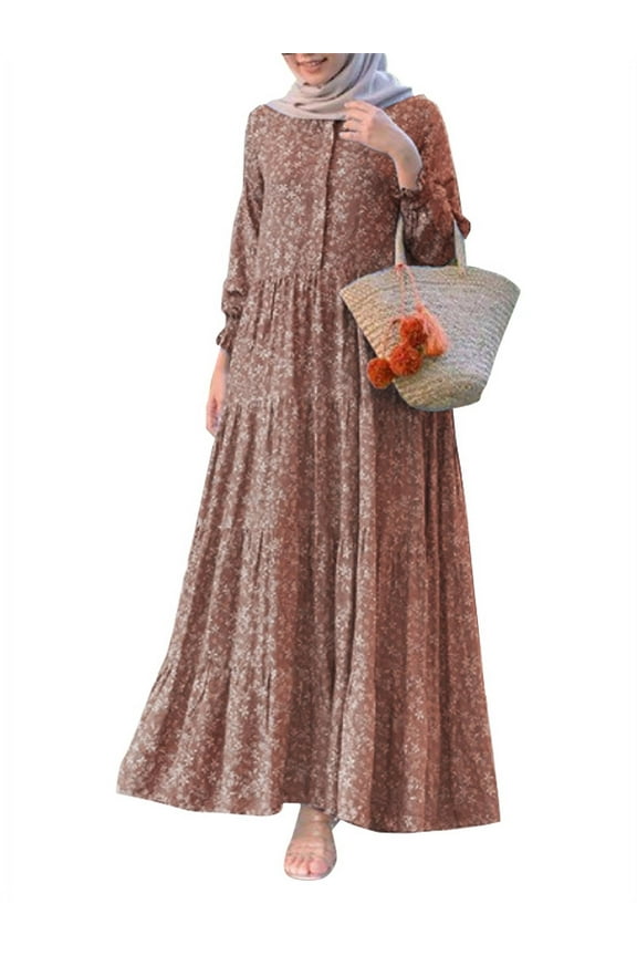 Womens Layered Floral Printed Full Sleeve Muslim Casual Long Dresses