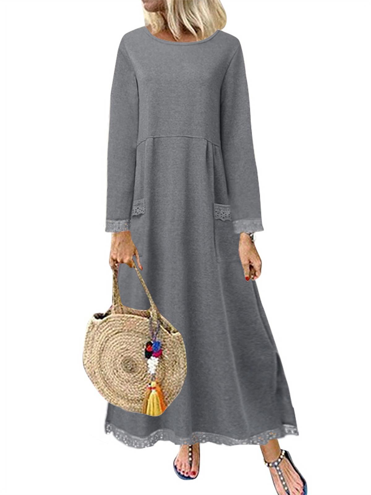 Womens Long Sleeve Baggy Pullover Lace Patchwork Hem Sweatshirt Dress