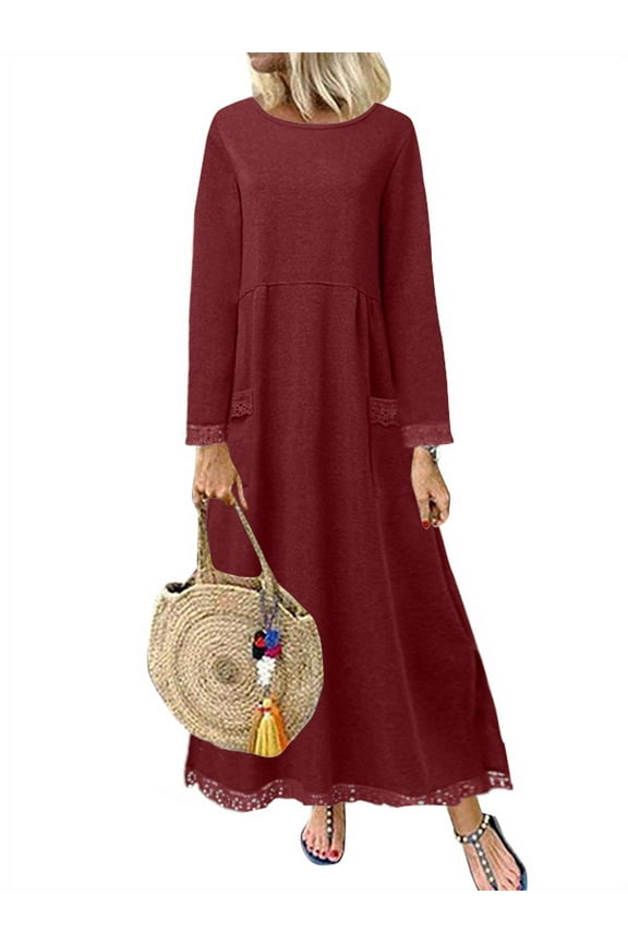 Womens Long Sleeve Baggy Pullover Lace Patchwork Hem Sweatshirt Dress