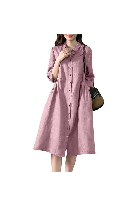 Womens Long Sleeve Button Up Shirt Dress Casual Loose Swing Midi Dresses