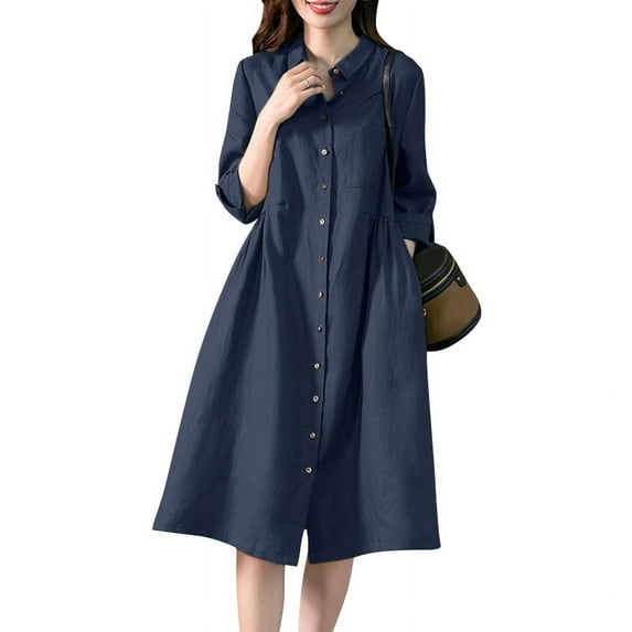 ZANZEA Womens Long Sleeve Button Up Shirt Dress Casual Loose Swing Midi Dresses