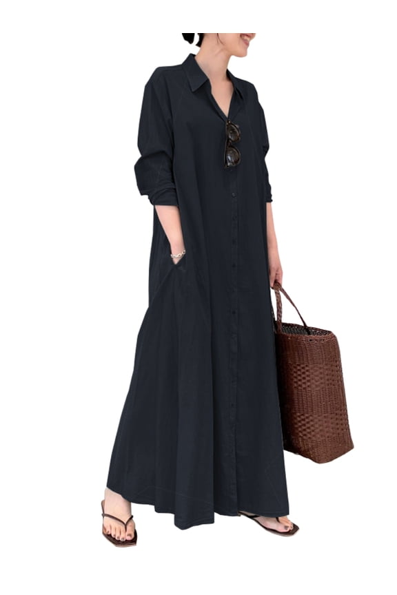 Womens Long Sleeve Check Plaid /Solid Color Split Skirt Side Long Dress