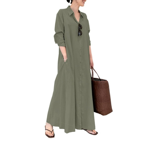 ZANZEA Womens Long Sleeve Check Plaid /Solid Color Split Skirt Side Long Dress