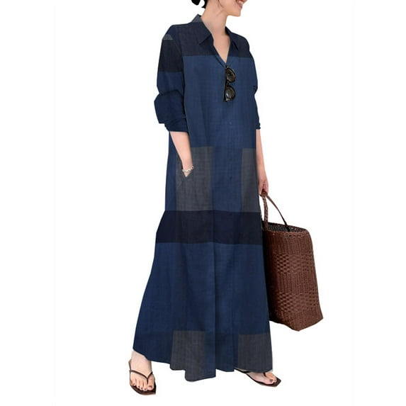 ZANZEA Womens Long Sleeve Check Plaid /Solid Color Split Skirt Side Long Dress