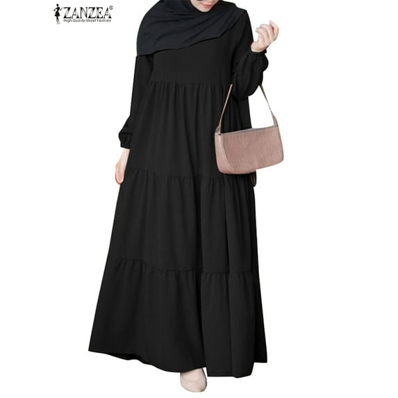 ZANZEA Womens Muslim Casual Street Cake Dresses Puff Sleeve Babydoll Dresses
