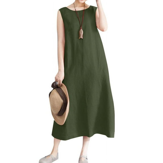 ZANZEA Womens O-Neck Sleeveless Casual Solid Tank Dress Loose Holiday Summer Kaftan Sundress