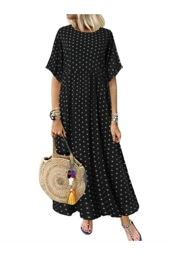 Womens Polka Dot Short Sleeve Long Dress Baggy Kaftan Maxi Dresses GS