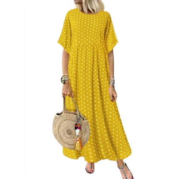 ZANZEA Womens Polka Dot Short Sleeve Long Dress Baggy Kaftan Maxi Dresses