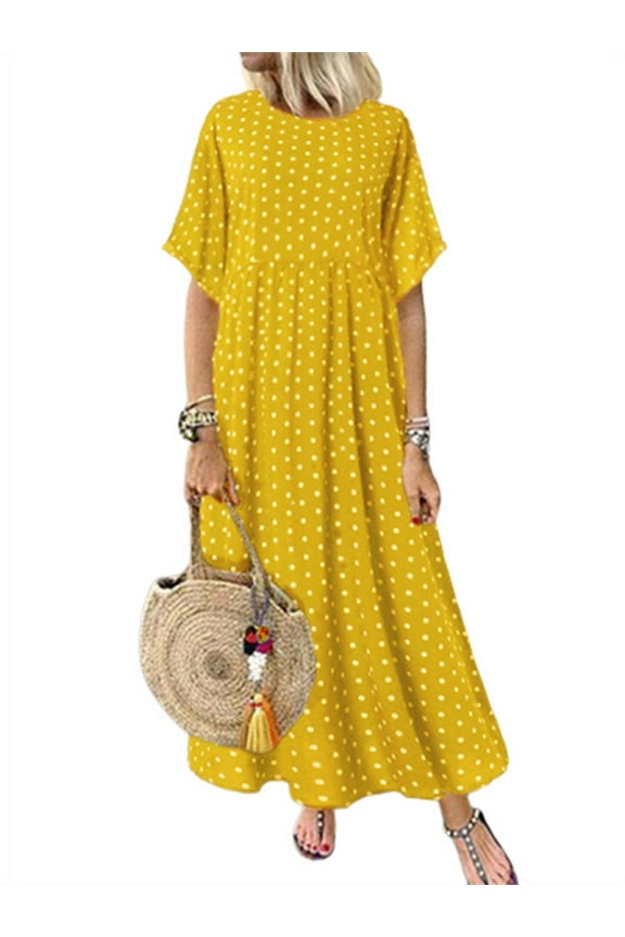 Womens Polka Dot Short Sleeve Long Dress Baggy Kaftan Maxi Dresses