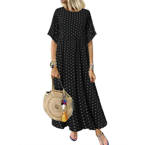 ZANZEA Womens Polka Dot Short Sleeve Long Dress Baggy Kaftan Maxi Dresses
