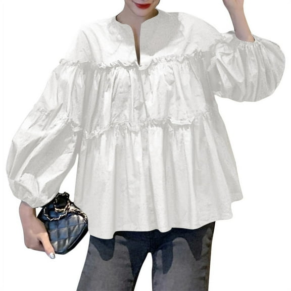 ZANZEA Womens Puff Long Sleeve V Neck Ruffled Tiered Peplum Blouse Casual Loose Layered Shirt Tops