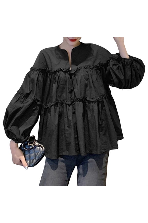 Womens Puff Long Sleeve V Neck Ruffled Tiered Peplum Blouse Casual Loose Layered Shirt Tops