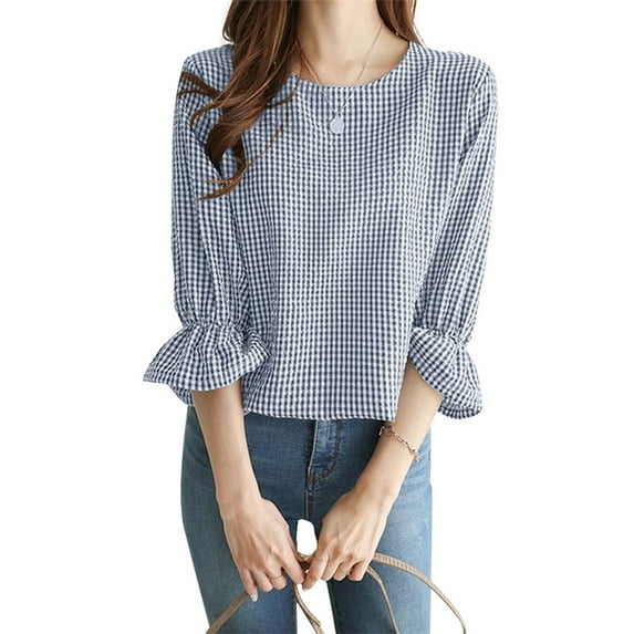 ZANZEA Womens Shirts Blouses 3/4 Sleeve O-Neck Grid Thin Casual Tops
