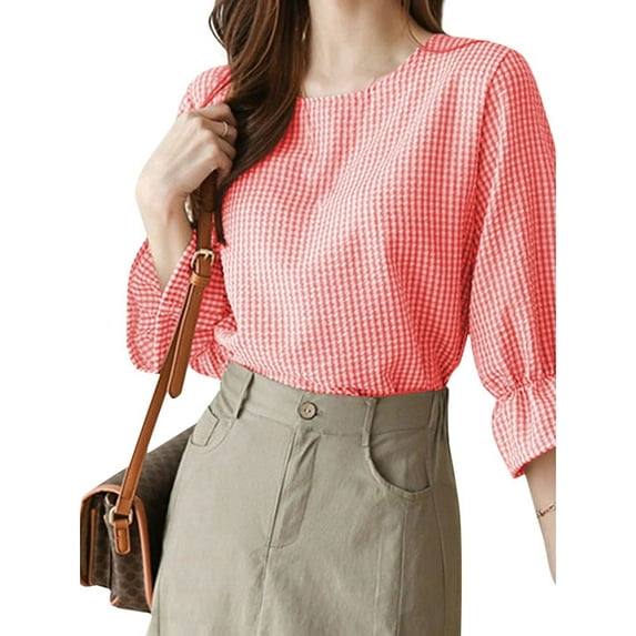 ZANZEA Womens Shirts Blouses 3/4 Sleeve O-Neck Grid Thin Casual Tops