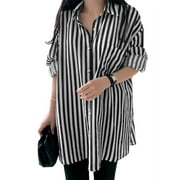 ZANZEA Womens Shirts Buttons Up Striped Printed Full Sleeve Casual Blouse Tops