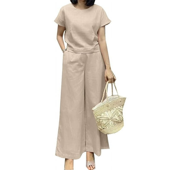ZANZEA Womens Short Sleeve Tops T-shirt Elastic Waist Wide Leg Long Pants Trousers 2PCS Casual Sets Outfits