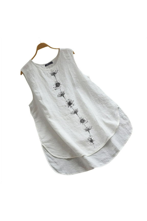 Womens Sleeveless Flower Print High Low Casual Loose Vest Tops