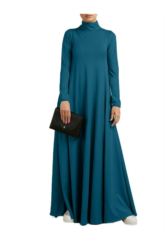 Womens Solid Color Turtleneck Casual Elegant Party Long Maxi Dresses