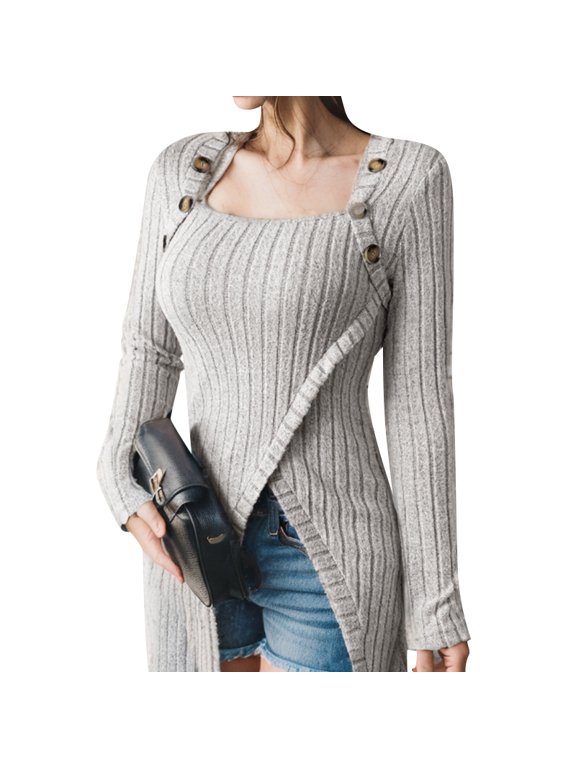 Womens Square Neck Long Sleeve Tops Slim Slit Hem Shirt Casual Party Ribbed Knitted Blouse